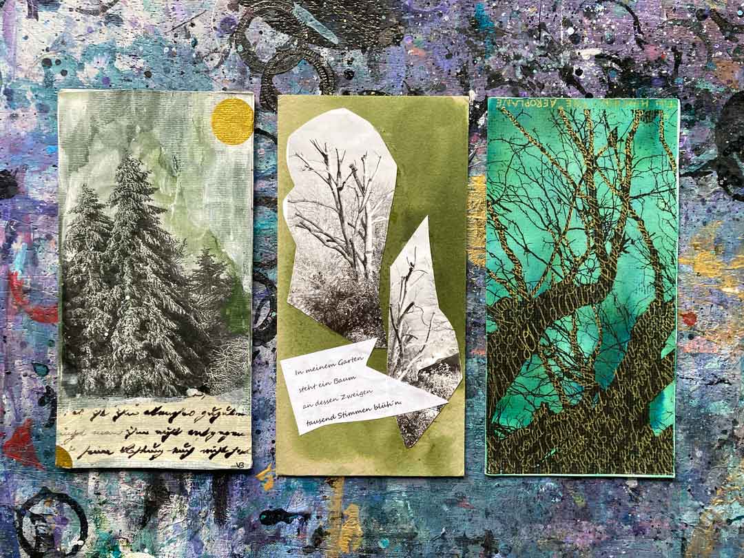 Postkarten der Adventspost, die besonders gelungen sind. Gedruckt, geklebt, übermalt, beschrieben. Zudem wunderschöne Grüntöne!